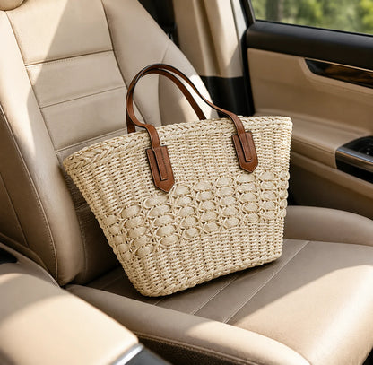 Handwoven Raffia Tote Bag – Woven Straw Shoulder Bag for Women