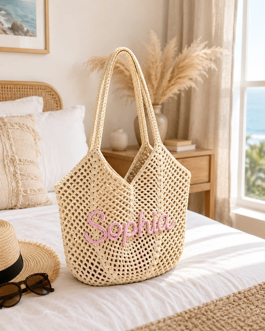 Personalized Striped Crochet Tote Bag – Custom Name Beach Tote