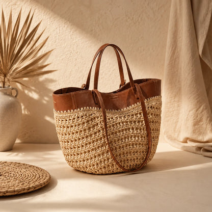 Handmade Raffia Tote Bag – Natural Woven Straw Beach Shoulder Bag