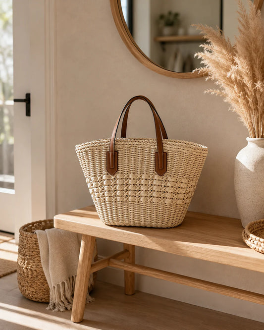 Handwoven Raffia Tote Bag – Woven Straw Shoulder Bag for Women