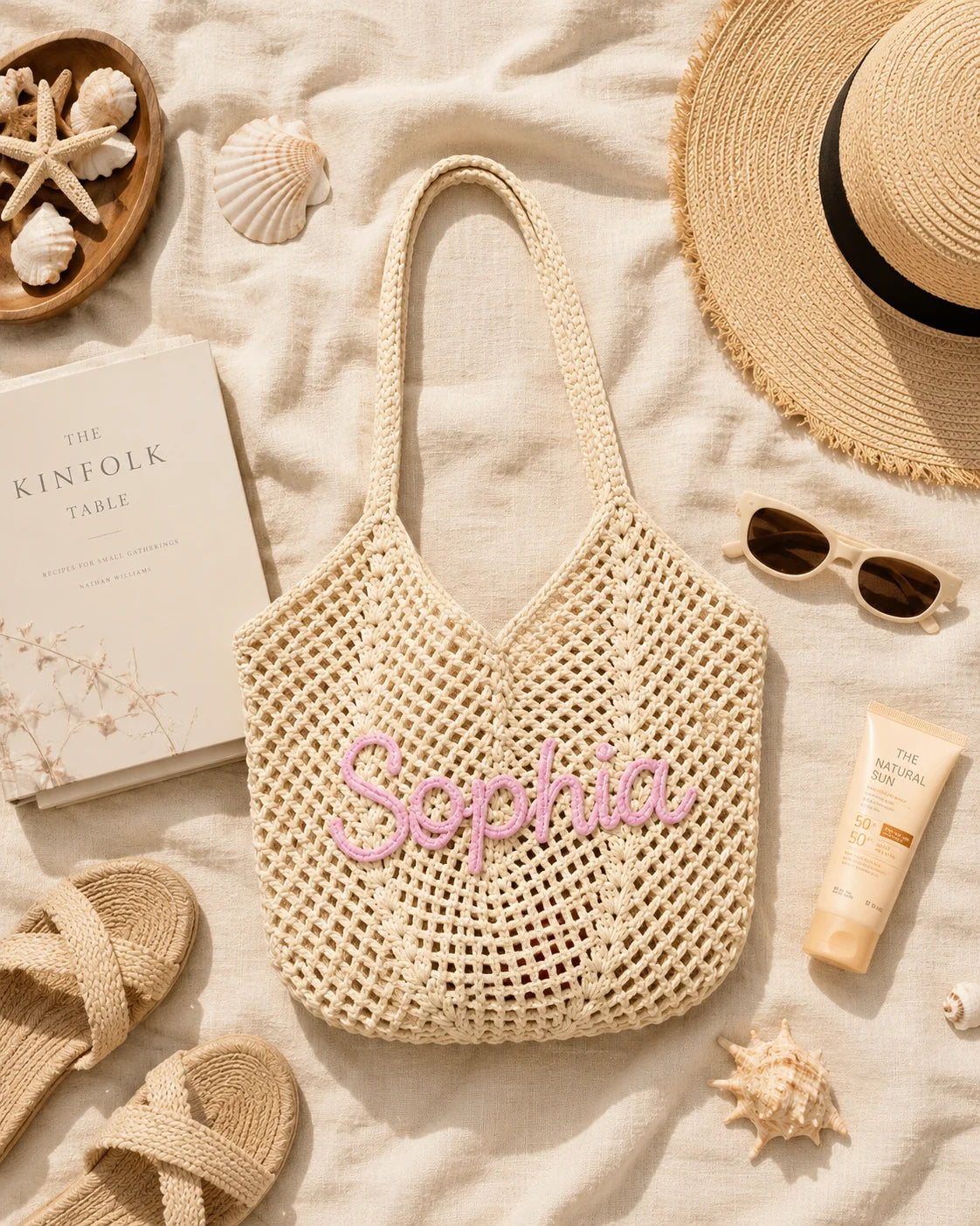 Personalized Striped Crochet Tote Bag – Custom Name Beach Tote