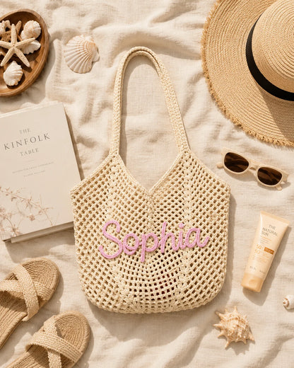 Personalized Striped Crochet Tote Bag – Custom Name Beach Tote