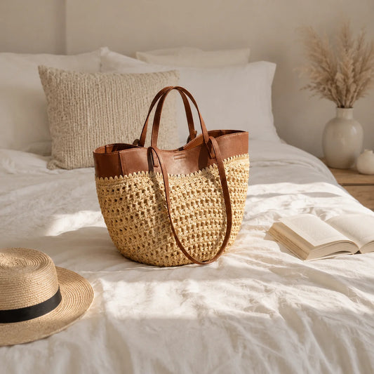 Handmade Raffia Tote Bag – Natural Woven Straw Beach Shoulder Bag