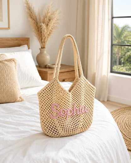 Personalized Striped Crochet Tote Bag – Custom Name Beach Tote