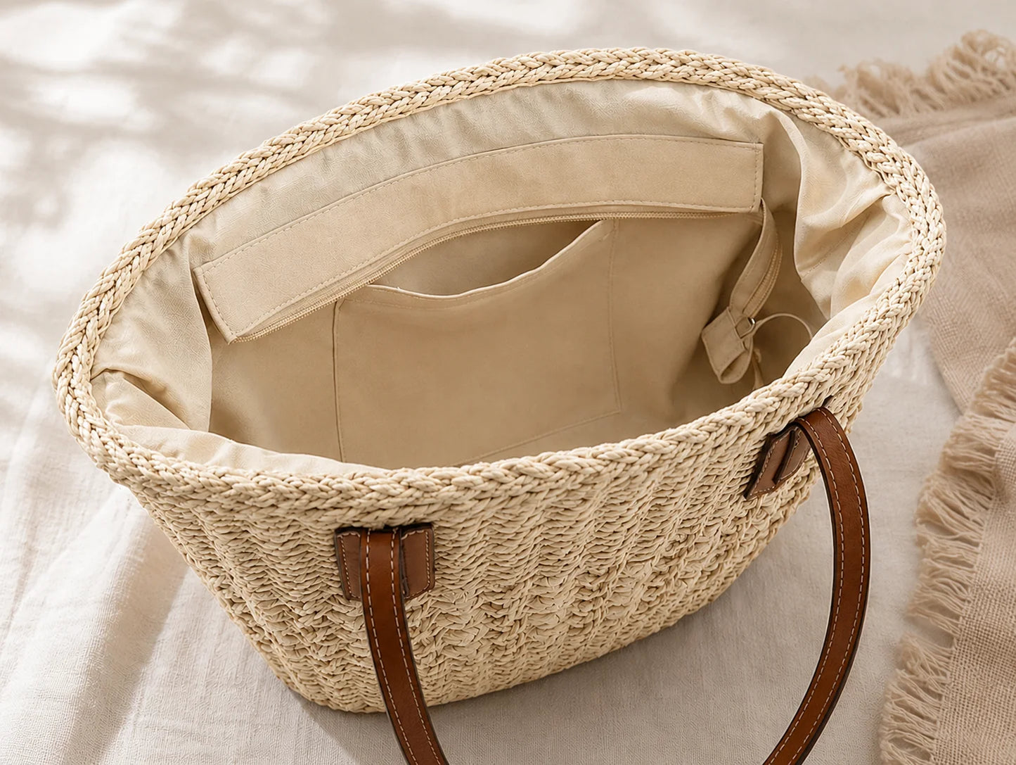 Handwoven Raffia Tote Bag – Woven Straw Shoulder Bag for Women
