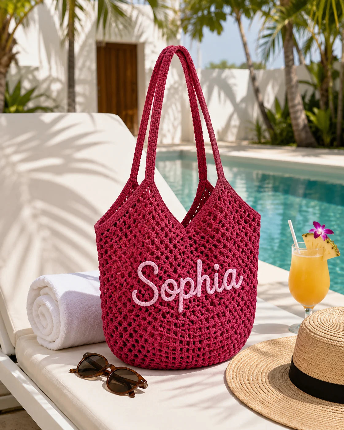 Personalized Striped Crochet Tote Bag – Custom Name Beach Tote