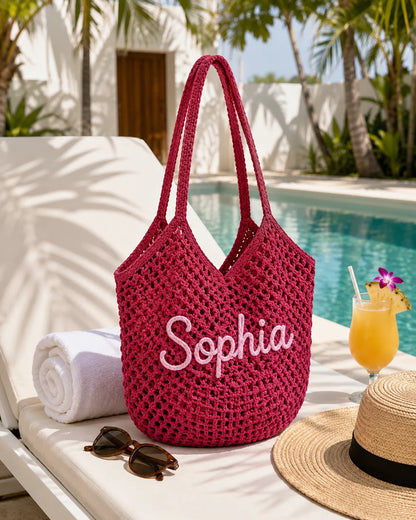 Personalized Striped Crochet Tote Bag – Custom Name Beach Tote