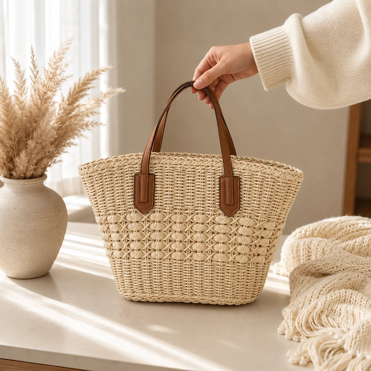 Handwoven Raffia Tote Bag – Woven Straw Shoulder Bag for Women