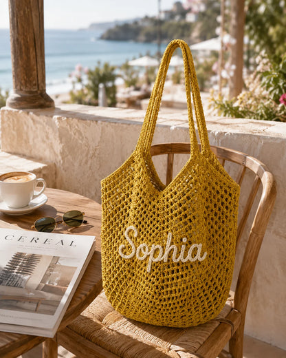 Personalized Striped Crochet Tote Bag – Custom Name Beach Tote