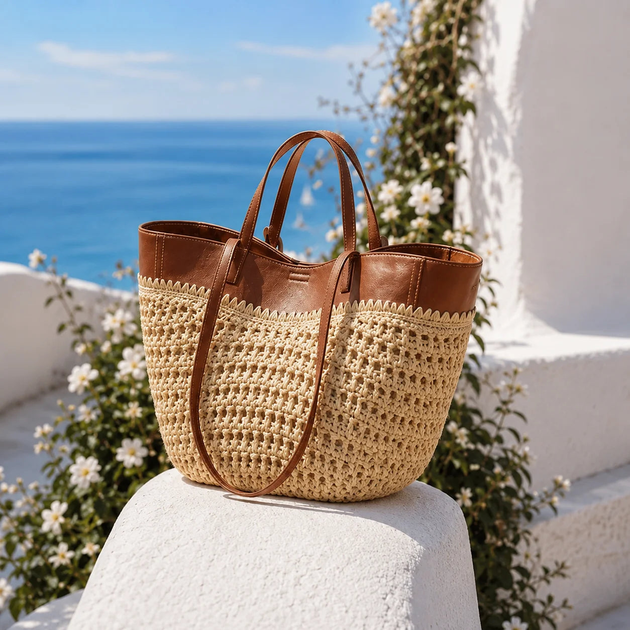 Handmade Raffia Tote Bag – Natural Woven Straw Beach Shoulder Bag