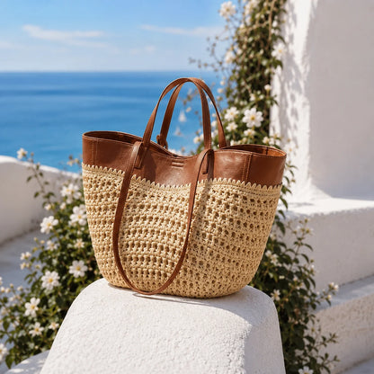 Handmade Raffia Tote Bag – Natural Woven Straw Beach Shoulder Bag