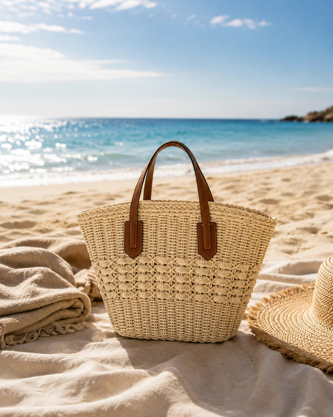 Handwoven Raffia Tote Bag – Woven Straw Shoulder Bag for Women