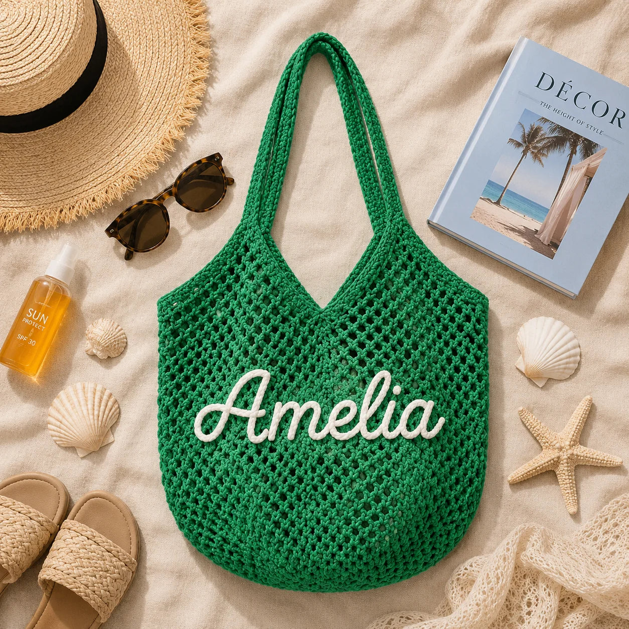Personalized Striped Crochet Tote Bag – Custom Name Beach Tote