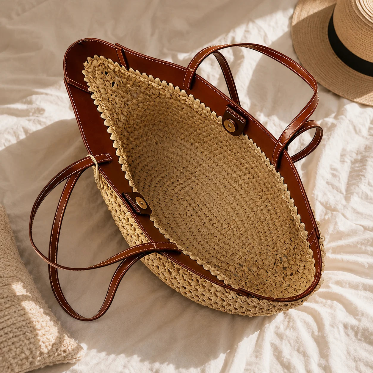 Handmade Raffia Tote Bag – Natural Woven Straw Beach Shoulder Bag