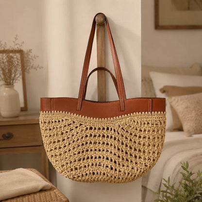 Handmade Raffia Tote Bag – Natural Woven Straw Beach Shoulder Bag