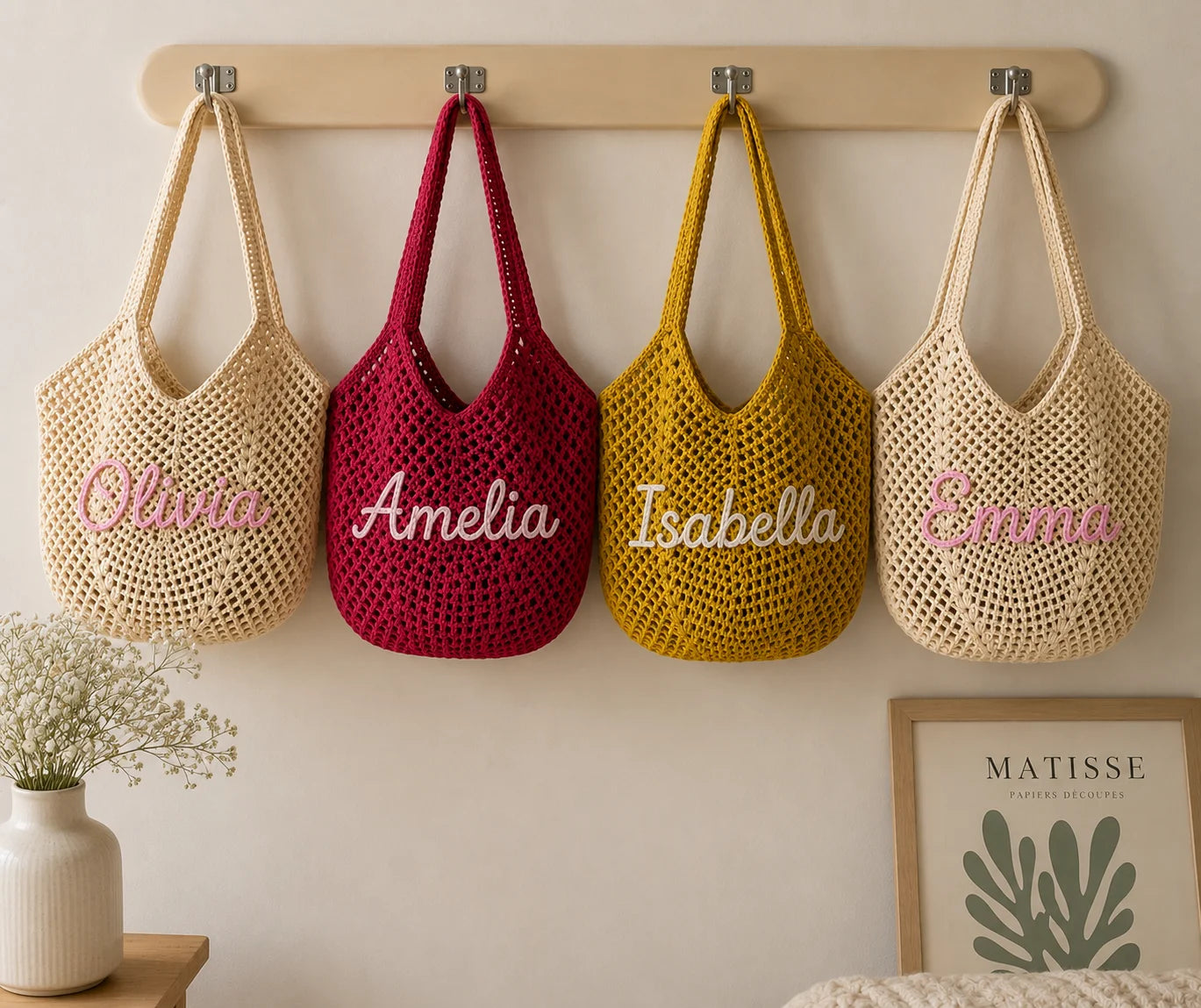 Personalized Striped Crochet Tote Bag – Custom Name Beach Tote