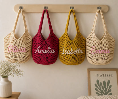 Personalized Striped Crochet Tote Bag – Custom Name Beach Tote