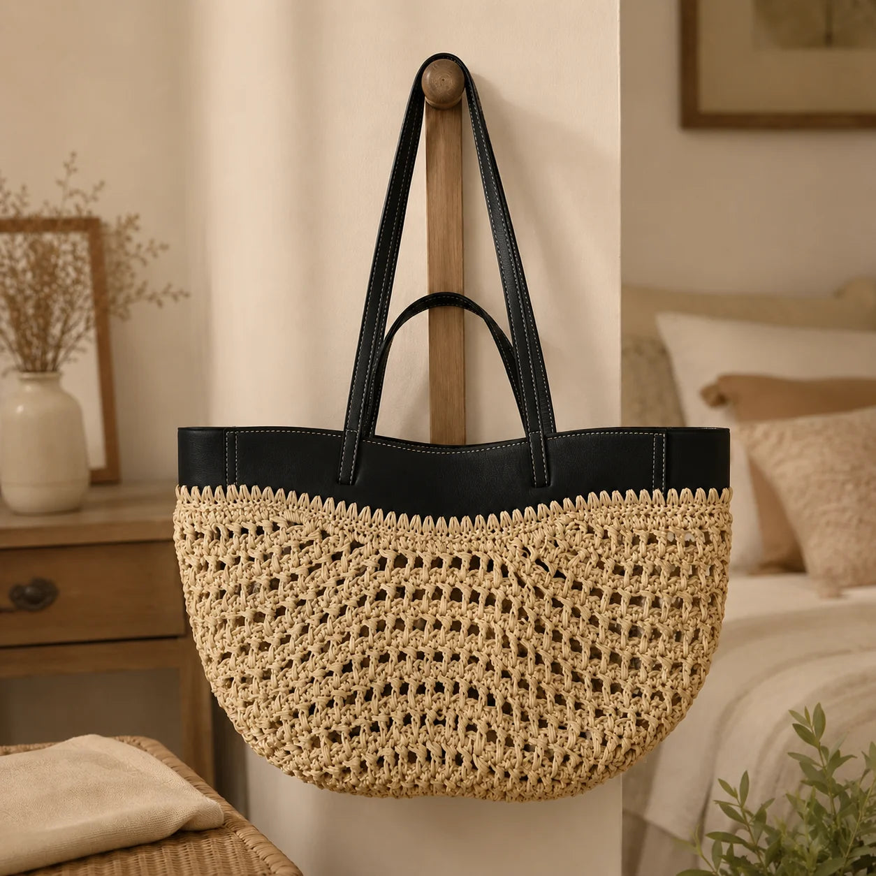 Handmade Raffia Tote Bag – Natural Woven Straw Beach Shoulder Bag