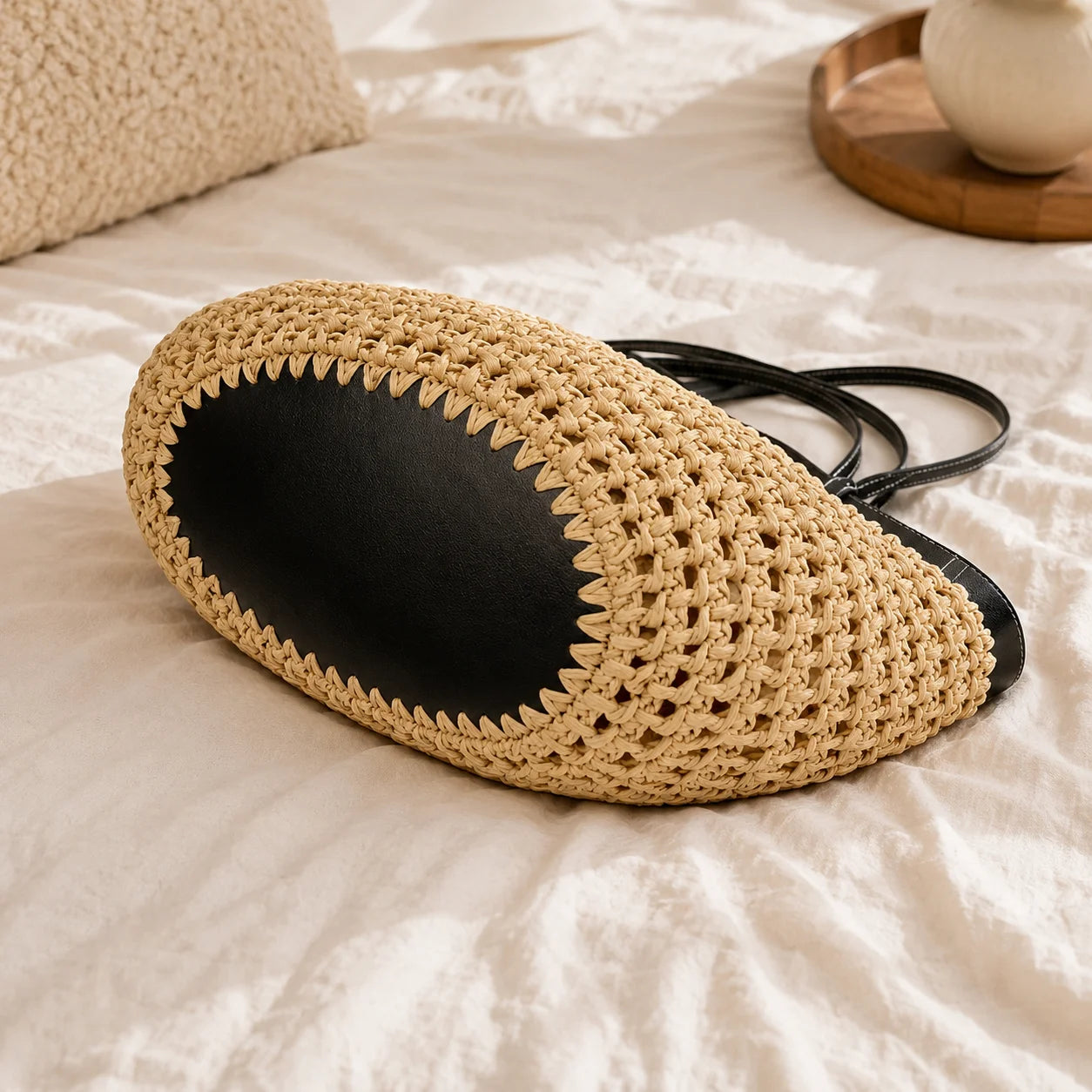 Handmade Raffia Tote Bag – Natural Woven Straw Beach Shoulder Bag